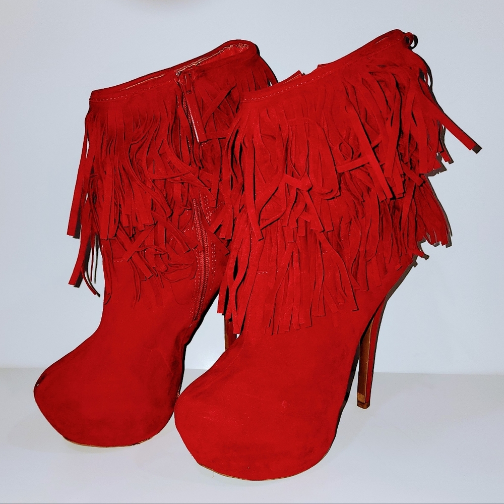 ALBA Red Stiletto Ankle Boots With Fringe Size 9